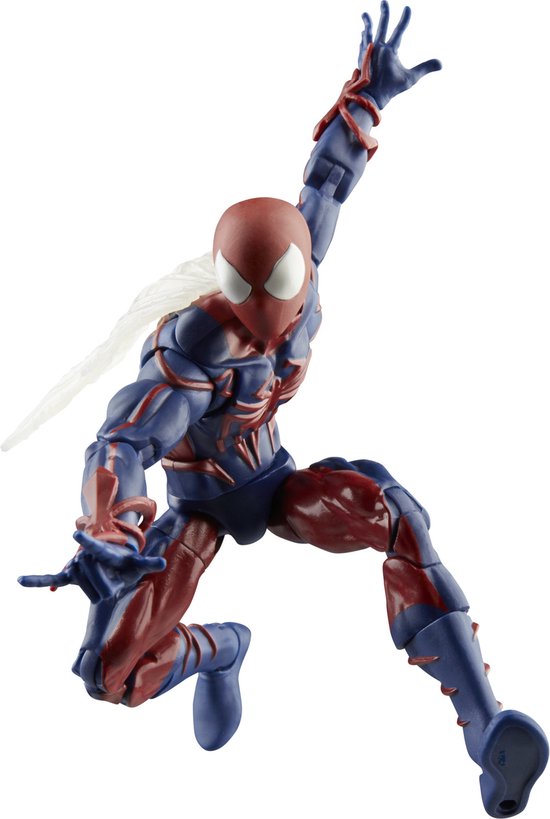 Actiefiguur van Spider-Man Unlimited, rood en blauw, in een dynamische pose met witte cape.