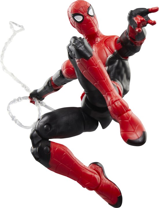 Spiderman actiefiguur, rood met zwarte accenten, vliegend aan een web.
