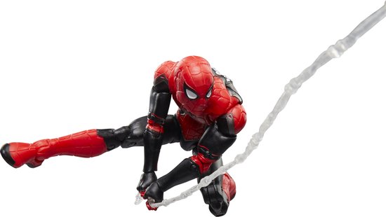 Actiefiguur Spiderman in rood met zwarte accenten, springend aan een web.