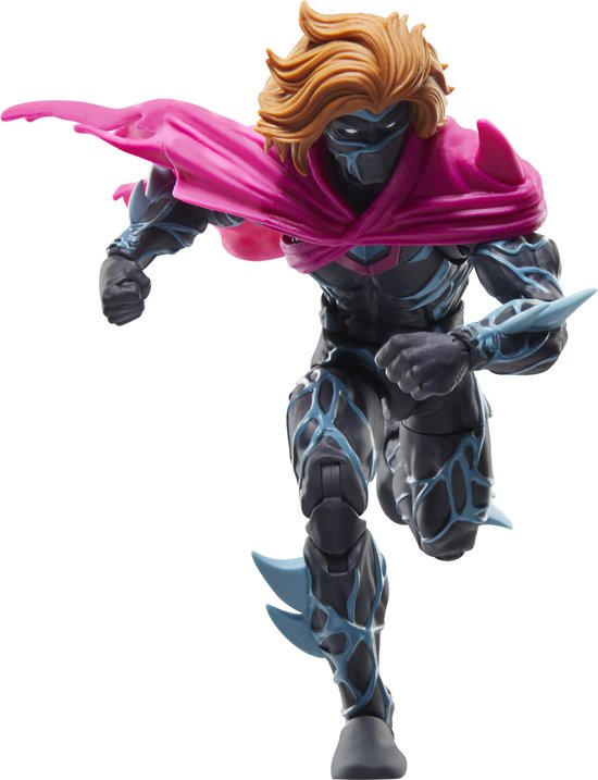 Actiefiguur met oranje haar, zwart masker en roze cape. Zwart pak met blauwe lijnen, rennend.