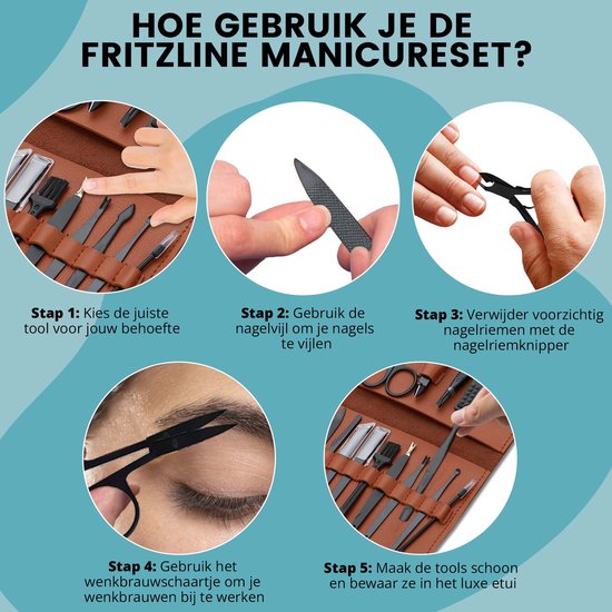 Fritzline Manicure Set 16-Delig - Nagelknipper - Leren Etui