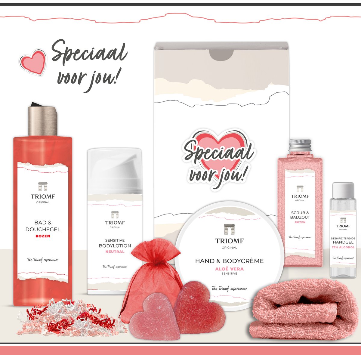 Goedkoopste Geschenkset “Speciaal voor jou!” - 8 producten - 880 gram | Triomf Original - Giftset voor haar - Cadeau Valentijn - Luxe wellness cadeaubox Vrouw - Cadeaupakket Liefde - Geschenk Pakket Douche Bad - Gift Set Roze