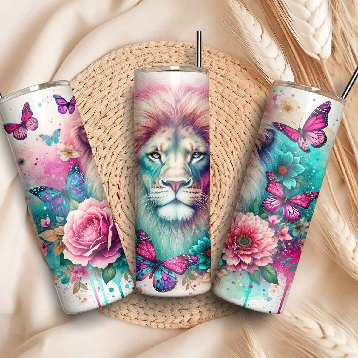 Creasowl® Leeuw en bloemen thermosbeker met rietje - roestvrijstalen tumbler - drinkbeker 600ml, drinkfles, lekvrije koffiebeker to go - travel mug - thermosfles - rvs isoleerfles - koffie beker - travelmug - isoleerbeker - thermos beker - tumbler