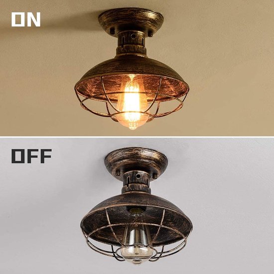 Qcyuui Vintage industriële plafondlamp met metalen kooi, semi-inbouwmontage, geoliede bronzen kroonluchter voor boerderij, keuken, badkamer, hal