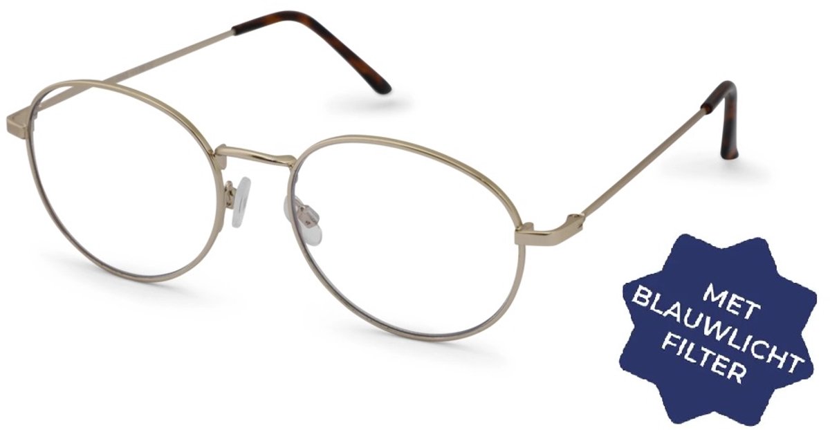 Leesbril Readr. OVAL met blauwlichtfilter – Sterkte +1.50 - Kleur Shiny Gold - lichtmetalen frame & flexveren - comfortabele pasvorm - inclusief etui & koordje
