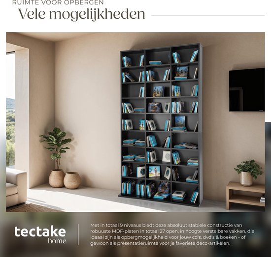 Tectake Étagère à CD étagère à dvd modèle sur pied noir 180 x 102 x 23,5 cm 401704