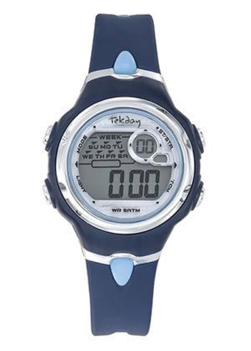 Tekday-Kinder-Horloge-Digitaal-33MM-5ATM-Stopwatch-Alarm-Silicone band-Blauw-Zilverkleurig
