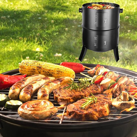 3-in-1 Houtskoolgrill BBQ - Barbecue Roker- Vat Roker Grill & Thermometer & Verstelbare Luchtuitlaat- 2 Grills 38Ø Vleesroken 2 Deuren - Vis Roken- Braden, Grillen, Stoom Koken- Buiten Koken -2 afzonderlijke Boilers Direct & Indirect Grillen of Roken — afbeelding 2