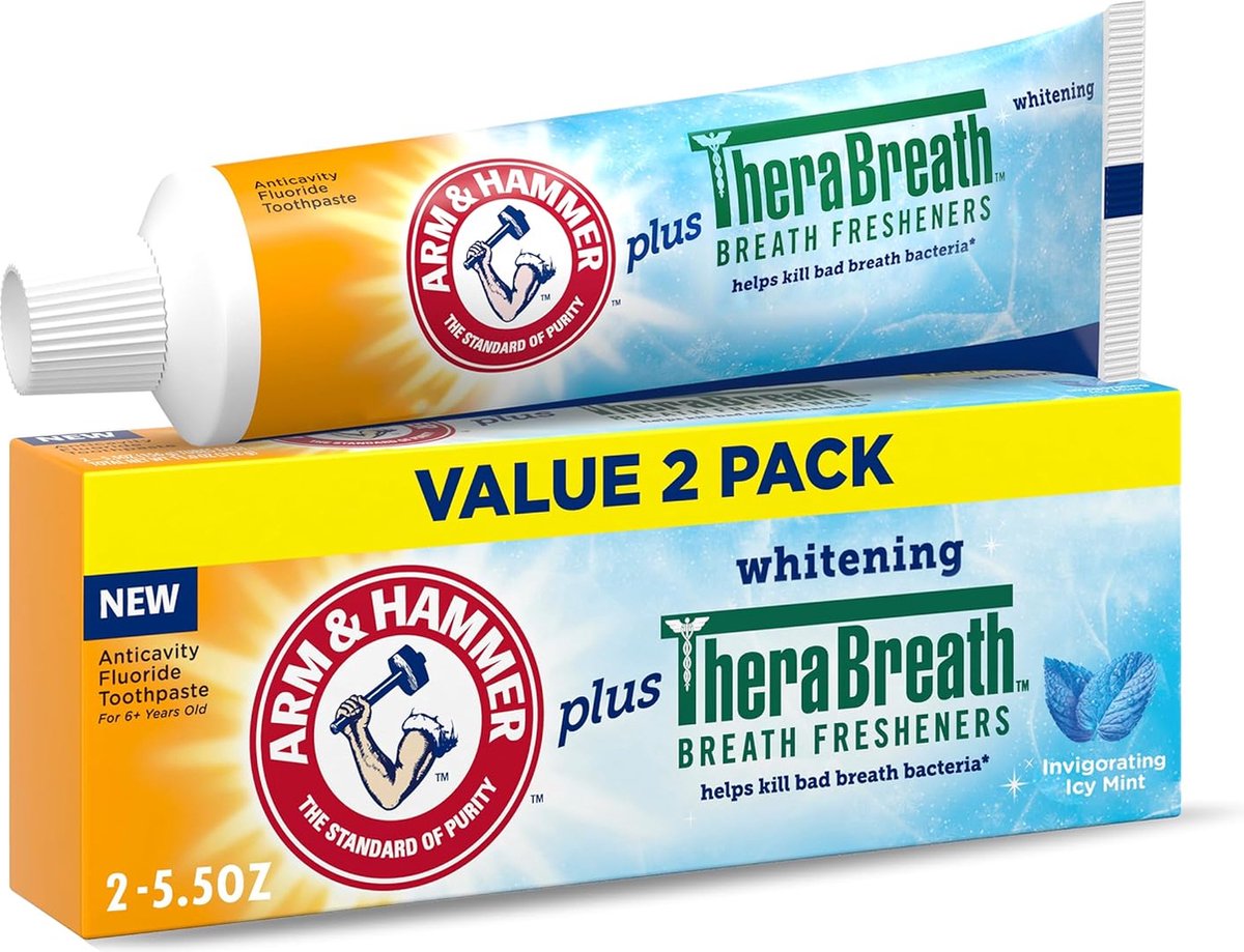 Arm & Hammer Tandpasta + TheraBreath Mondverfrissers – Icy Mint – Wittere Tanden & Fluoride – Set van 2 – 156 g