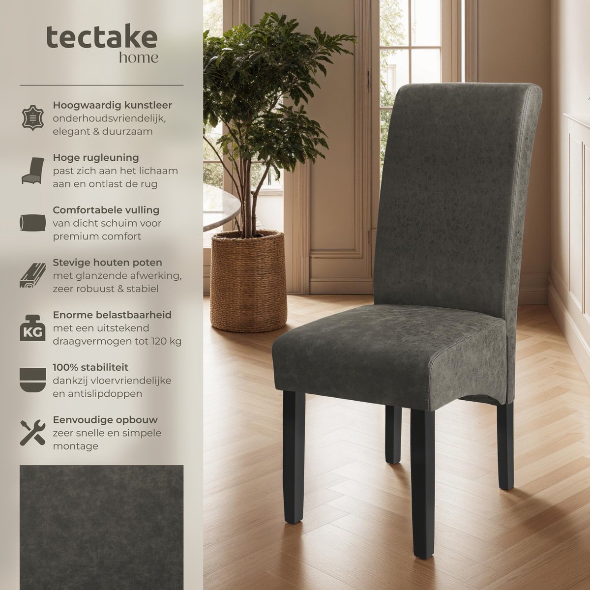 tectake® Eetkamerstoel - Comfortabele kunstleren stoel met hoge rugleuning - Keukenstoel voor keukentafel - Gestoffeerde keukenstoel - Diverse kleuren en sets - Maximale belasting 120 kg - Afmeting (LxBxH) 44 x 63 x 106 cm - Set van 4 - Grijs – foto 7