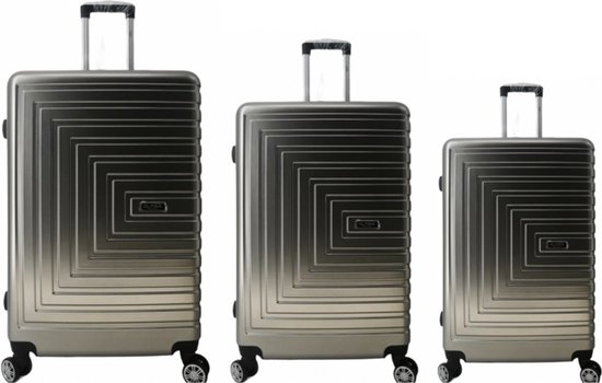 Set van drie zilverkleurige koffers met concentrische vierkante patronen en uittrekbare handvatten.