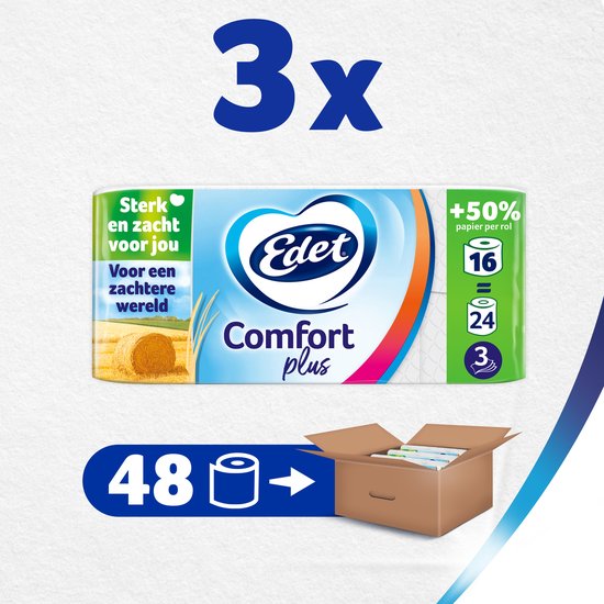 Edet Comfort Plus toiletpapier, 48 rollen. Sterk en zacht voor jou. Voor een zachtere wereld.