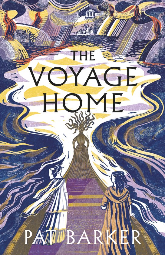 Couverture du livre: 'The Voyage Home' par Pat Barker. Figures abstraites avec des lignes ondulées dans les tons violet, bleu, jaune et orange. Titre en lettres jaunes.
