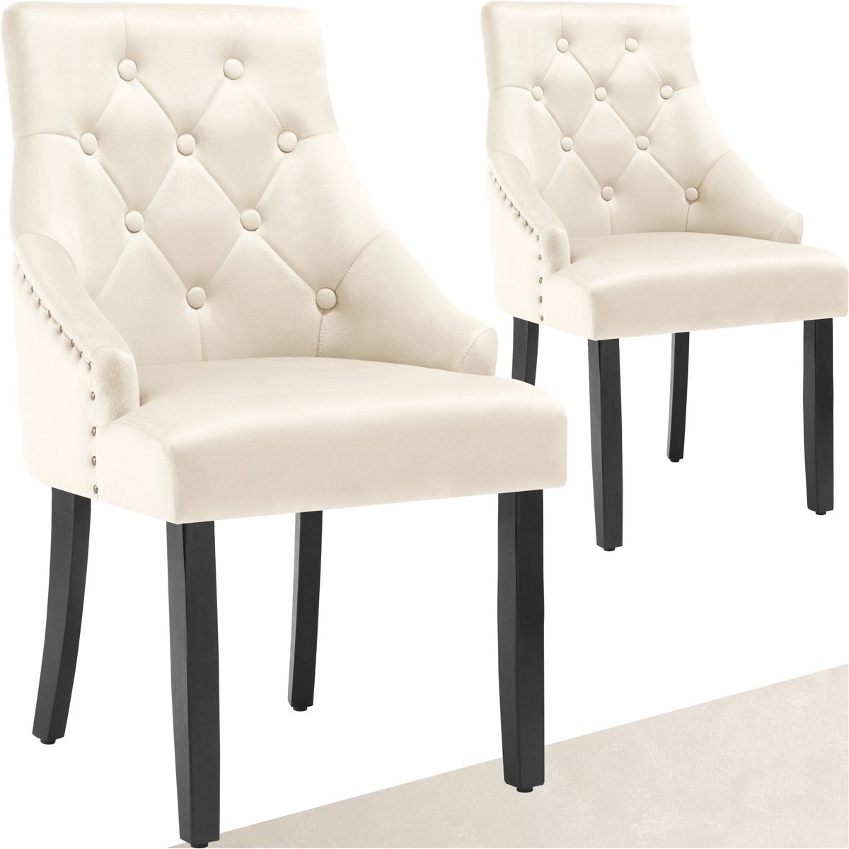 tectake® - Set van 2 eetkamerstoelen Everdeen - Fluweellook, gestikt - Met armleuningen - Massieve houten poten - Stoel voor de woonkamer, eetkamer, keuken - Grote rugleuning - Crème / zwart