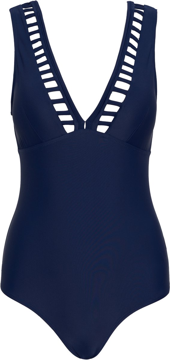 La V Badpak tiener met v-hals en ajourdetail Navy 152-158 (S)