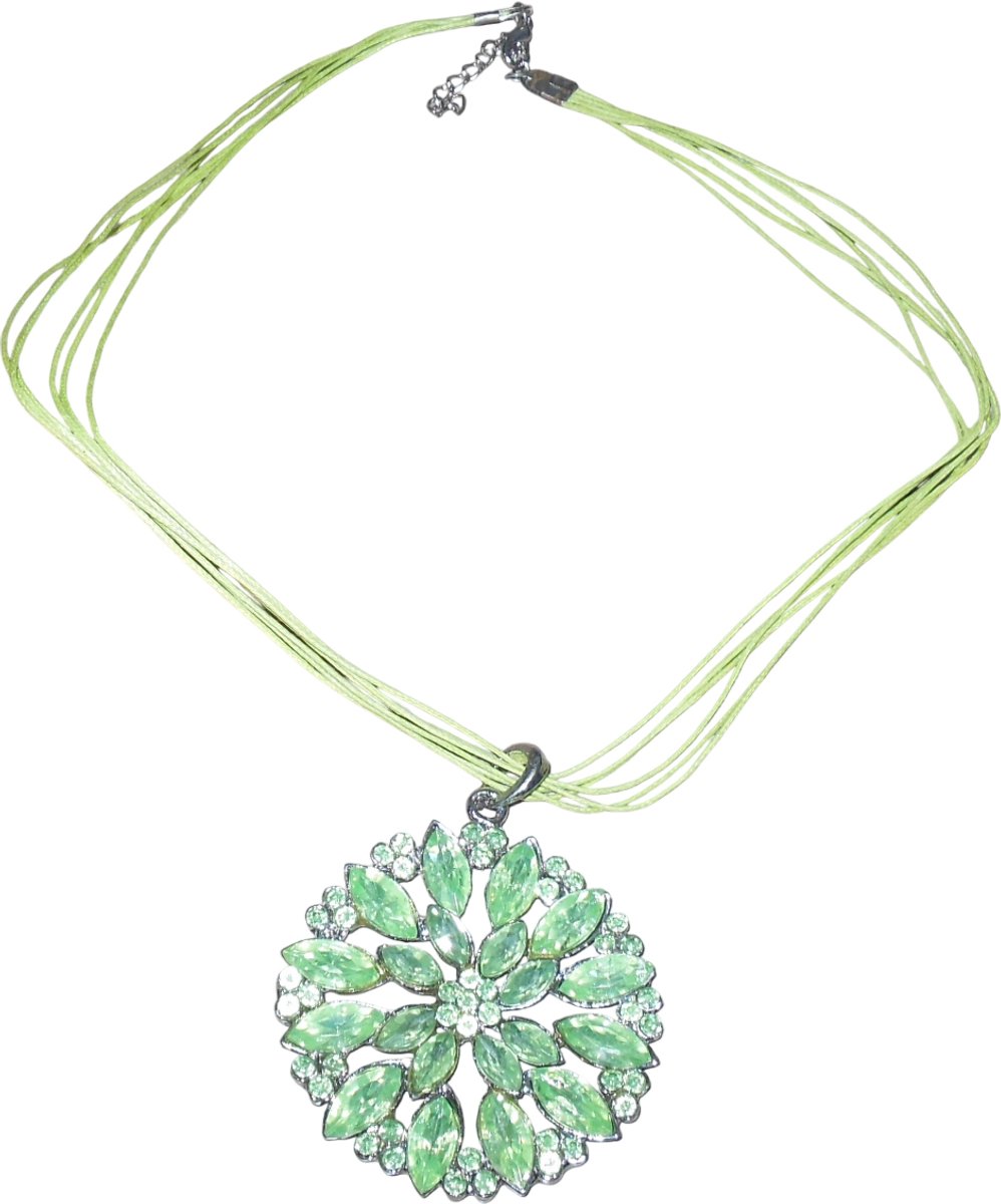 Ketting met ronde hanger bloem blaadjes strass stenen groen