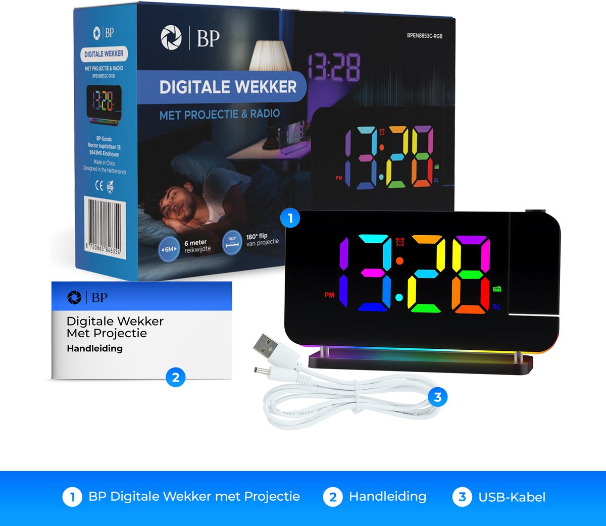BP® Digitale Wekker Met Projectie - Wekkerradio - Projectiewekker - Digitale Wekker - Kinderwekker - Projectieklok - Snooze Functie - USB oplaadpoort - Automatische Helderheidscontrole - Zwart — cadeau in Elektronica - foto 7