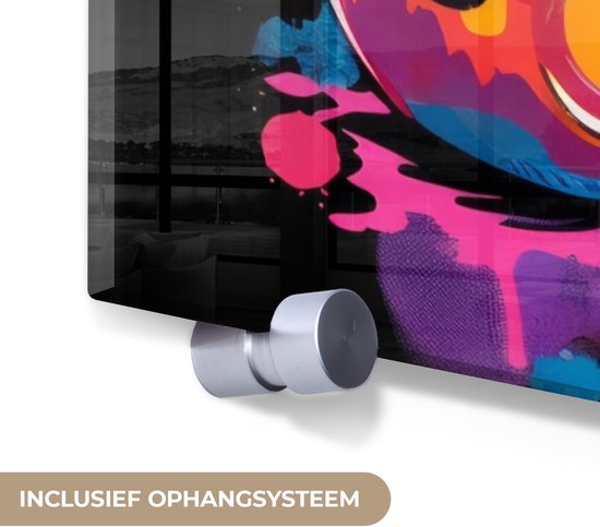 MuchoWow® Glasschilderij 90x120 cm - Schilderij acrylglas - Beer - Verf - Kleurrijk - Knuffeldier - Foto op glas - Muurdecoratie woonkamer - Wanddecoratie slaapkamer - Schilderijen