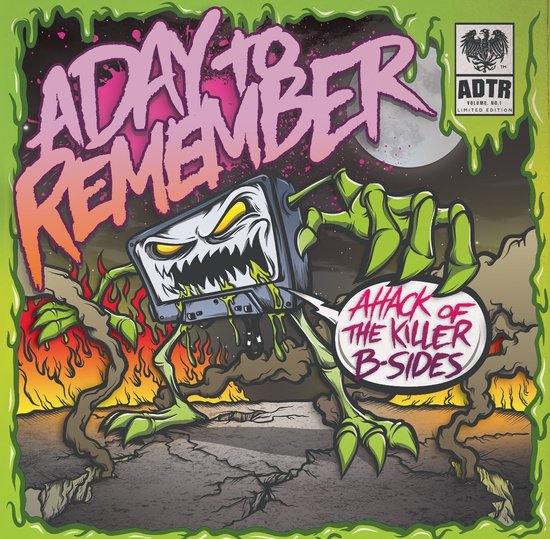 Albumcover met het logo van A Day To Remember en een monsterlijke cassetteband met klauwen. Vlammen en rook op de achtergrond.