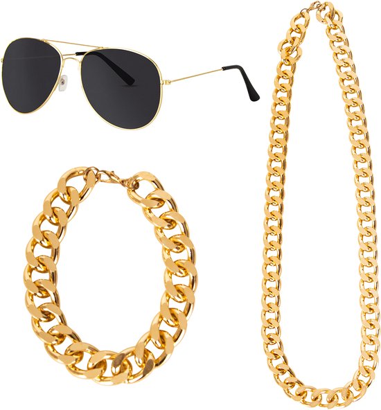 PartyXplosion Carnaval verkleed Pooier/Pimp/Gangster set - 3-delig - volwassenen - zonnebril/armband/ketting - foute party