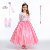 Joya Kids® Roze ijsprinses Verkleed Jurk met Ster Roze | Glamour Jurk met sleep | Prinsessenjurk meisje | Verkleedjurk + Accessoires set | Roze | Maat 134/140 (140) | Cadeau meisje Sinterklaas
