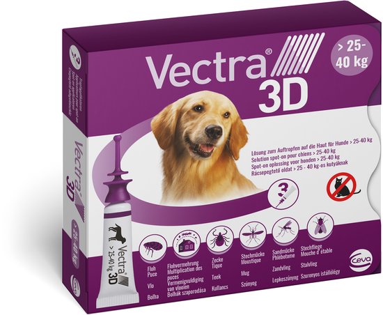 VECTRA 3D Hond - 25 tot 40 kg - Anti Teken- en Vlooiendruppels hond - 3 pipetten
