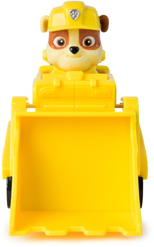 Voorzijde van een gele Paw Patrol bulldozer speelgoed met Rubble figuur.