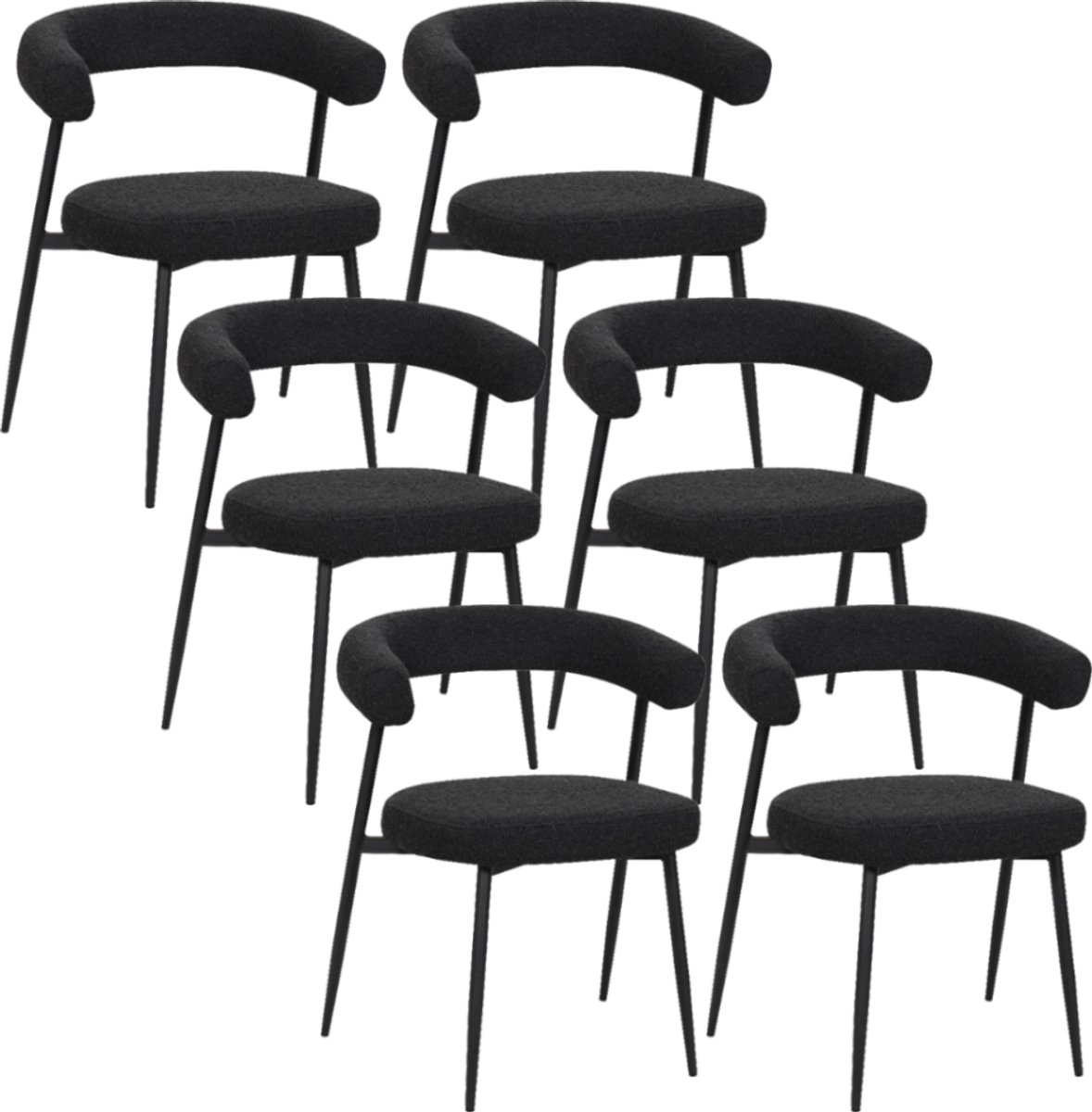 BukkitBow Eetkamerstoel / Keukenstoel - Geschikt als Make-up Stoel - Chenille Stof & Metalen Onderstel - Open Design - Zwart - 6 Stuks