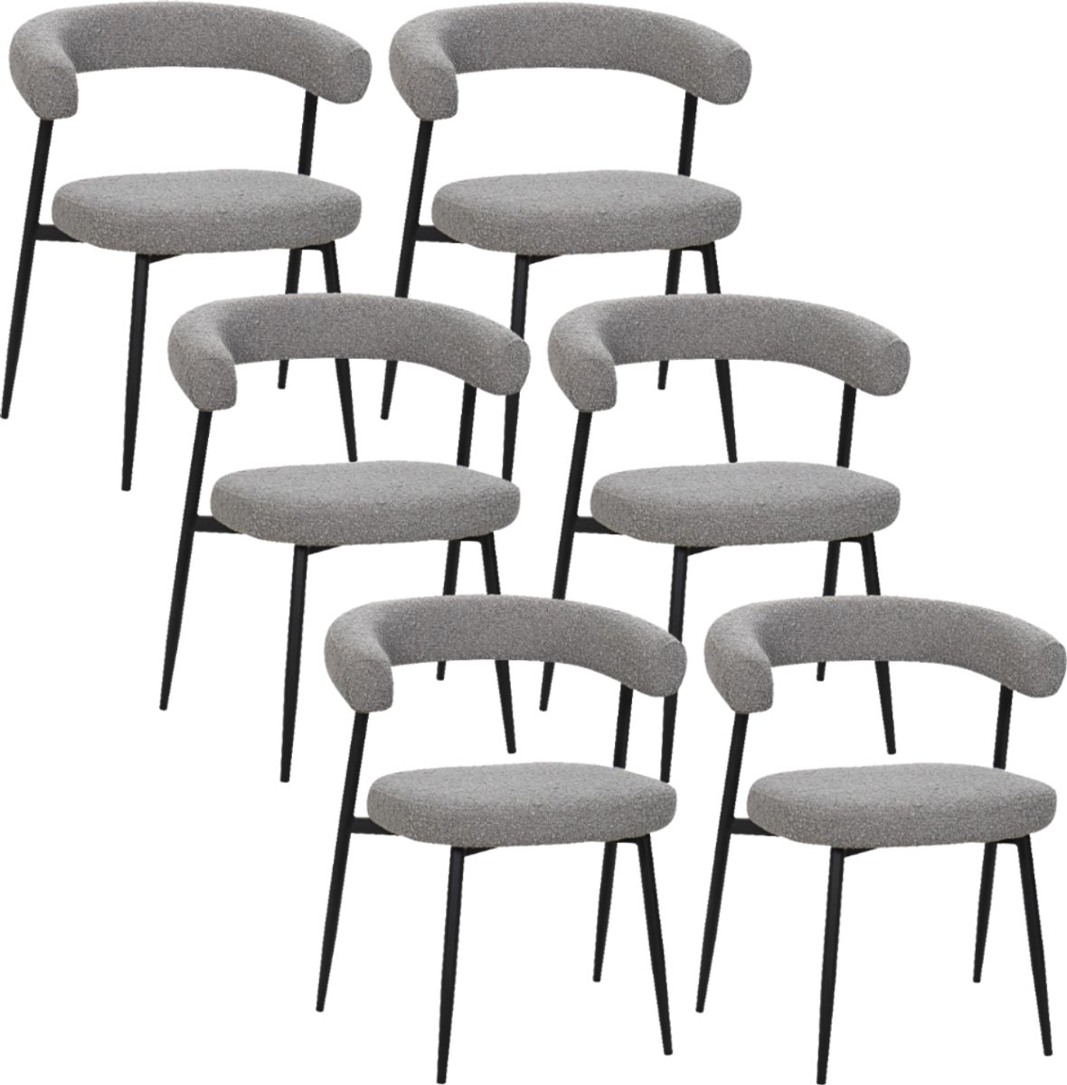 BukkitBow Eetkamerstoel / Keukenstoel - Geschikt als Make-up Stoel - Chenille Stof & Metalen Onderstel - Open Design - Grijs - 6 Stuks