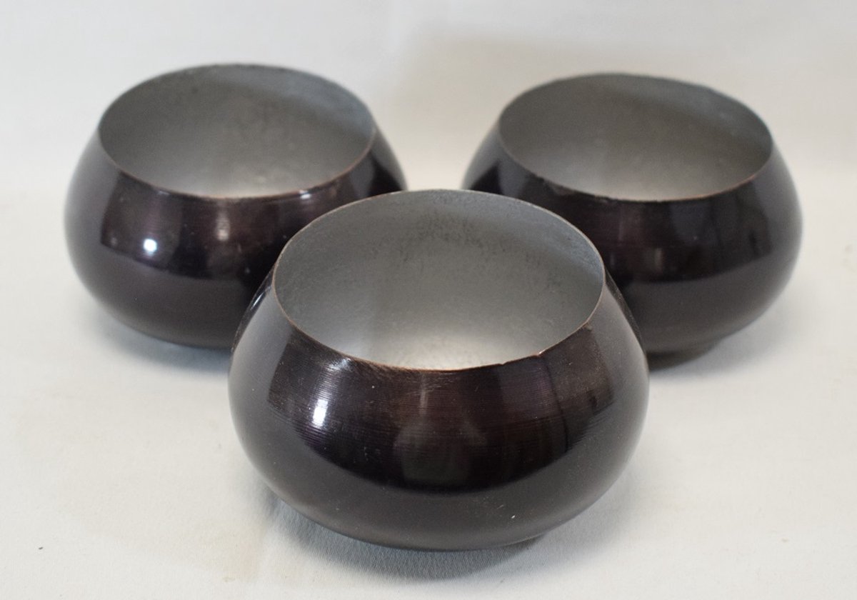 ZoeZo Design 3 stuks - waxinelichtjeshouder - donker bruin - grijs - metaal - iets hogere achterzijde - H 7 cm x Ø 10 cm