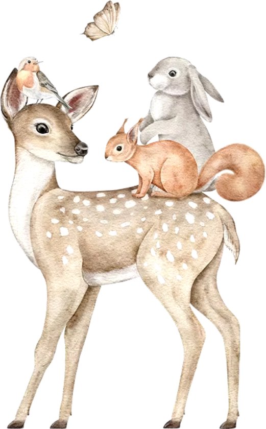 Bo & Mila - Muursticker 'Cerf avec lapin et écureuil' - Chambre de bébé - Chambre enfant - PVC autocollant - 30x40cm - Intérieur - Décoration murale