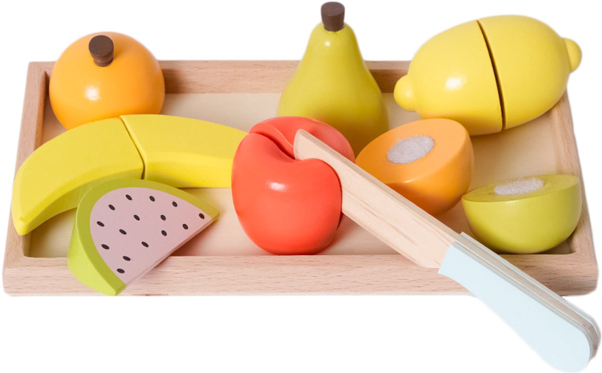 Speelgoedtopdeals - Houten Speelgoed Snijfruit op dienblad – Snijset Fruit