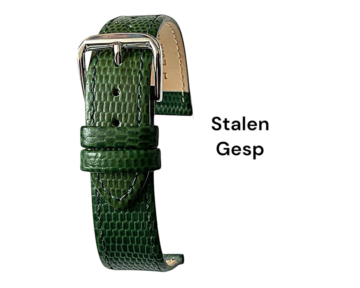 Horlogeband-horlogebandje-14mm-groen -lizard print-echt leer-plat- stalen gesp-leer-14 mm