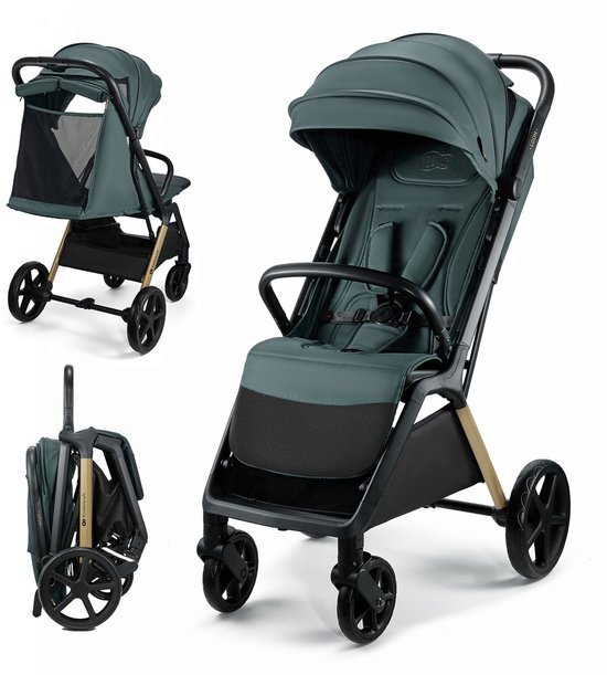 Foto: Kinderkraft loom wandelwagen lichtgewicht compact wendbaar vering automatisch inklapbaar lekvrije wielen verstelbare rugleuning grote zonnekap groen