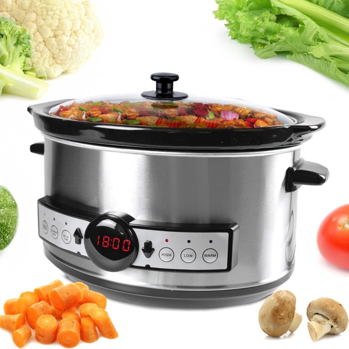 ApexArte® Slowcooker met Timer - Keramische Binnenpan - Hotpot - Zilver