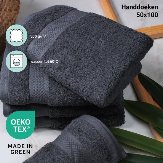 Pile de serviettes gris anthracite (50x100 cm), 500 g/m², certifiées OEKO-TEX.