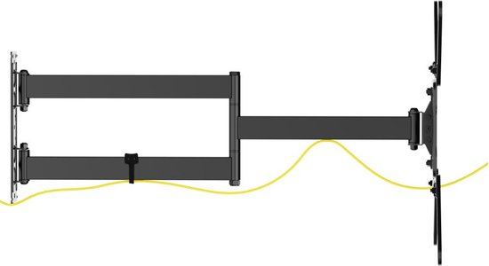 Zwarte draaibare tv-beugel met gele kabel, voor tv's van 23 t/m 65 inch.