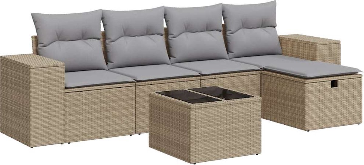 vidaXL 6-delige - Loungeset - met - kussens - poly - rattan - beige