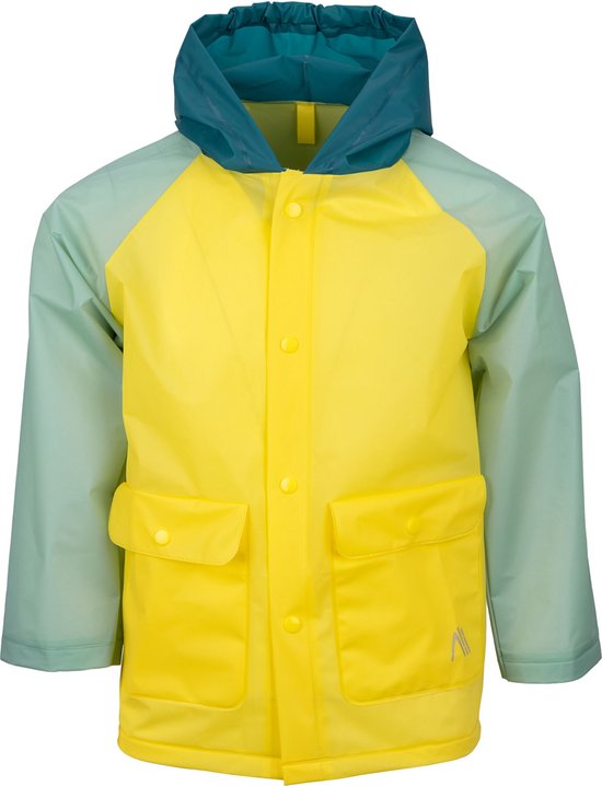 Gele kinder regenjas met mintgroene mouwen en capuchon.