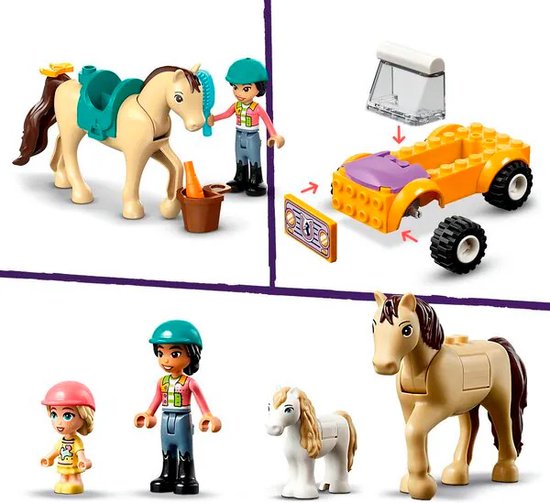 Un cheval beige LEGO Friends avec selle, une fille avec brosse, une voiture jaune, un poney blanc et deux figurines.