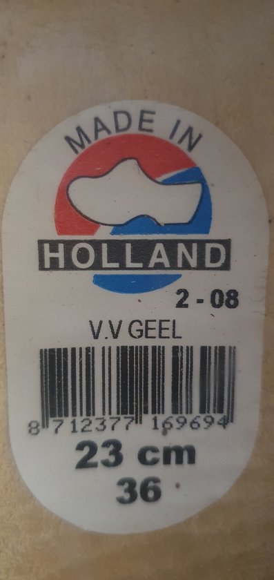 Label met 'Made in Holland', klompvorm, 23 cm, maat 36 en V.V. GEEL