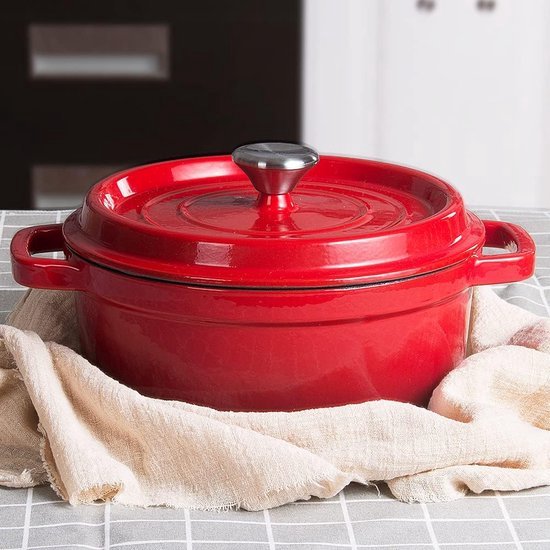 Gietijzeren geëmailleerde braadpan, 24 cm, met deksel, 4,7 l, rond, gietijzer, geëmailleerde coating, hoge warmteopslag (rood