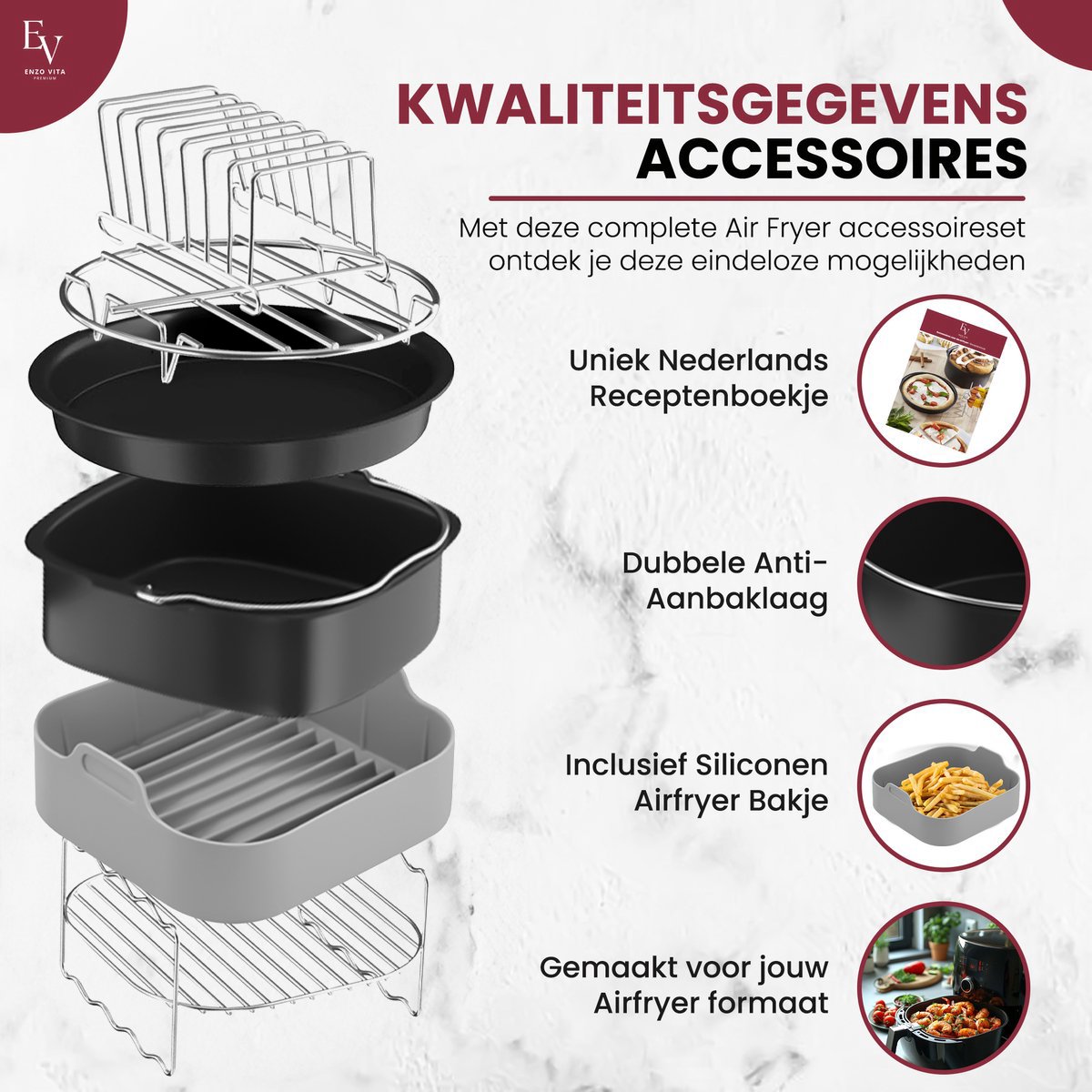 EnzoVita® Premium Airfryer Accessoires set - Meest Complete set - XL - Heteluchtfriteuse - Airfryer Accesoires set - Geschikt voor Airfryer XL en XXL - Inclusief Airfryer Siliconen Bakje & Nederlands Receptenboekje - Bakpapier — afbeelding 3