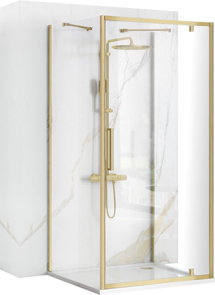 Rea Rapid Swing - Wandgemonteerde Douchecabine - Geborsteld Goud - 90X100 Rechthoek - 90X100X195Cm