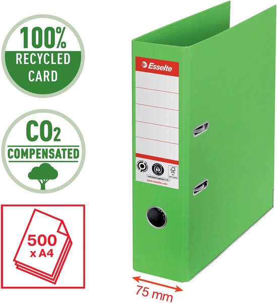 Esselte ordner, A4, groen, 75mm breed. Met icoontjes voor 100% gerecycled karton, CO2 gecompenseerd, 500 vellen A4.