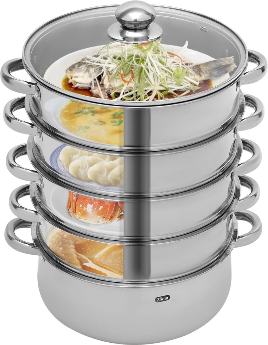 Stoomkoker - Stoompan - Stoommachine - Stoomkokers - Pan - 5 Laags - RVS - 26,1Cm - Zilver