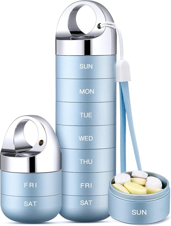 Pilulier de Voyages en métal – Pilulier hebdomadaire portable et étanche – Grand pilulier en alliage d'aluminium – Pour Vitamines, huile de poisson et compléments alimentaires – Bleu clair