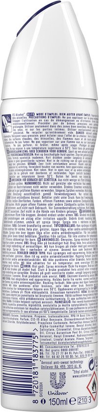 Achterkant van witte Rexona deodorant bus met productinformatie.