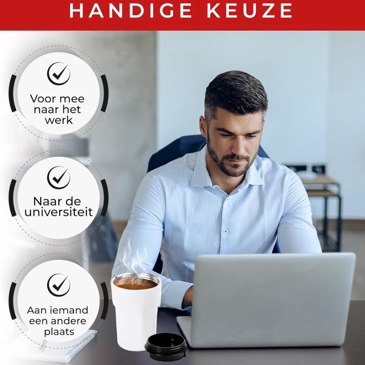 350ML Geïsoleerde Reisbeker met Lekvrij Deksel - Herbruikbare Koffiekopjes voor Onderweg - RVS Koffiemok voor Hete-Koude Koffie Water Thee - Wit — cadeau in Koken & Dineren - foto 4