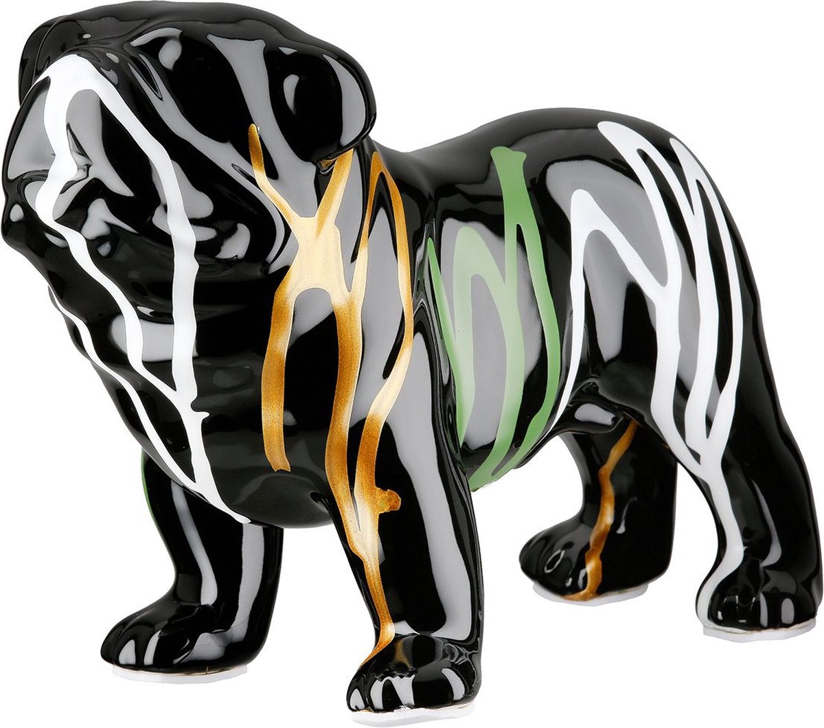 Bulldog staand by Rawa - Keramiek - 10x22x16 cm - Zwart Wit Geel Groen
